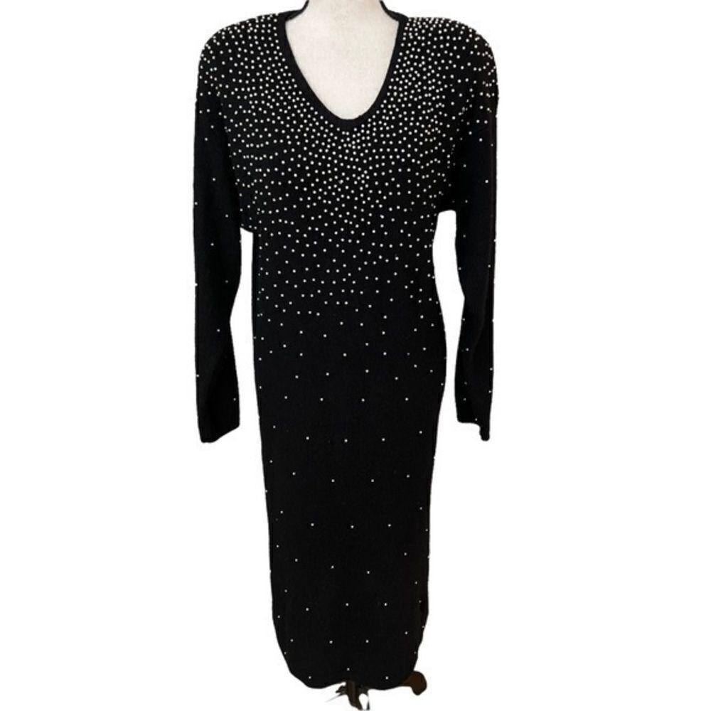 Vintage Nilani knitted black silk/angora faux pearls long dress shoulder pads M
